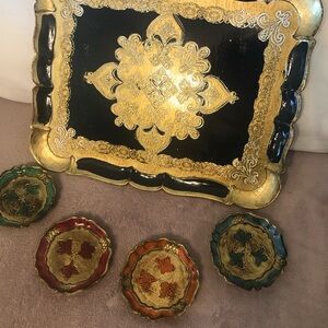 Italian Firenze Gold  and Navy BlueDecorative Tray Set With 4 Coasters  - NEW
